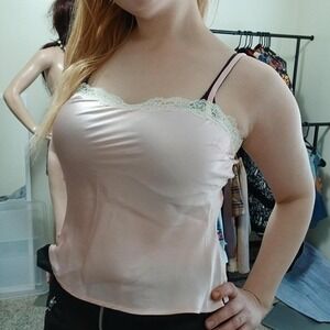 Pale birthday cake pink 100% silk camisole with lace trim,‎ size small